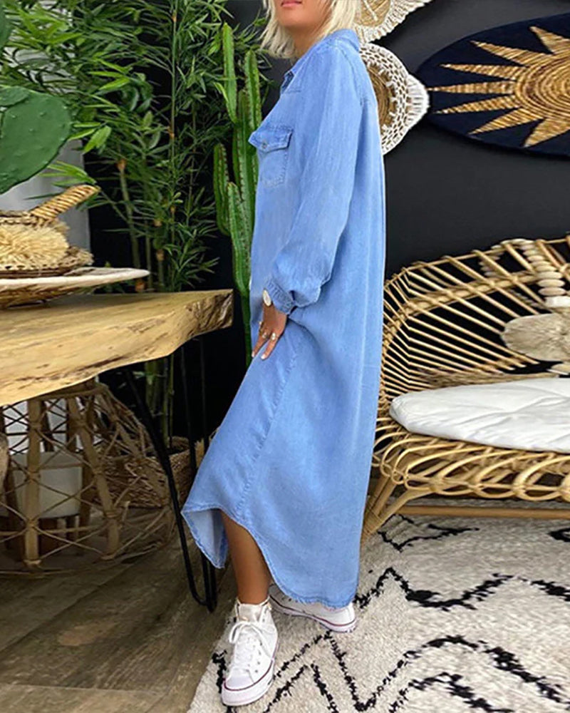 Noemi | Enfärgad Denimklänning Med Lång Ärm