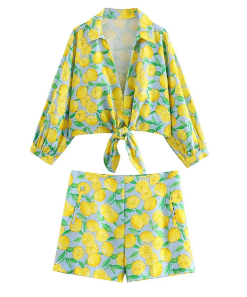 Cristine - Kort 2-delat set för kvinnor med gult frukttryc