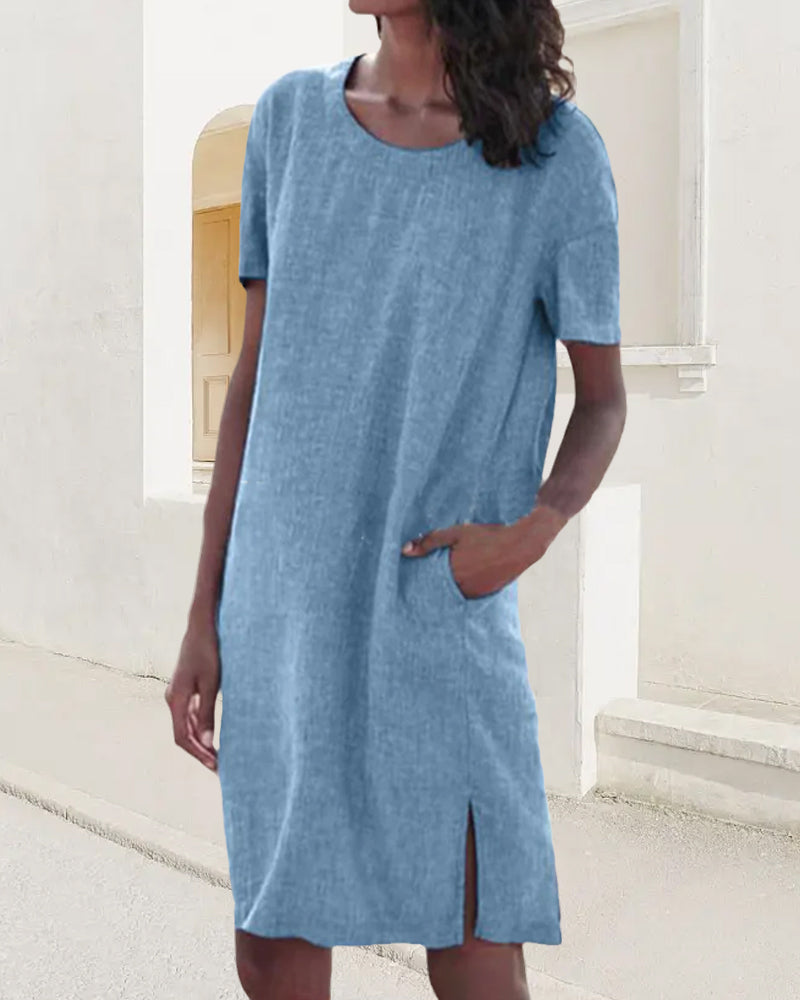 Sigrid | Bomullslinne Klänning Med Rund Hals