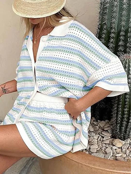 Celia - 2-delat stickat set med kontrasterande ränder