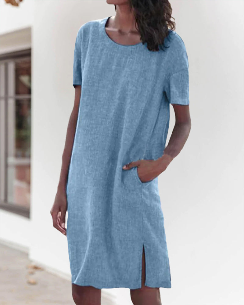 Sigrid | Bomullslinne Klänning Med Rund Hals