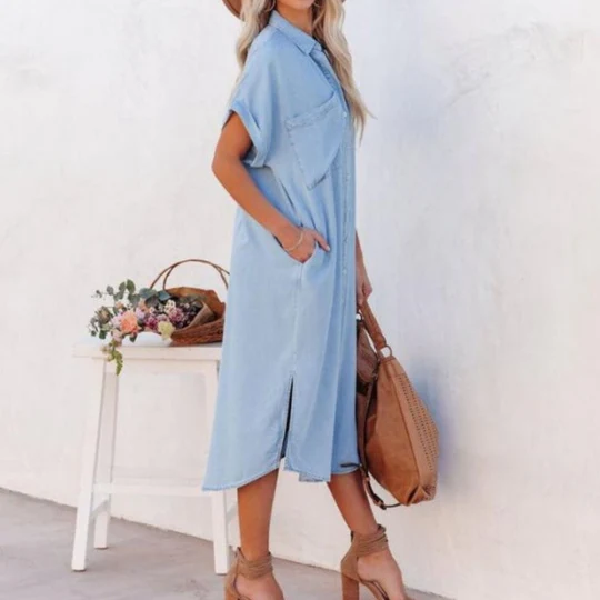 Grace - Kortärmad skjortklänning i denim