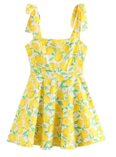 Dolly- Ladies chic citronfärgad miniklänning med tryck somma