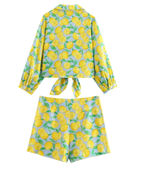 Cristine - Kort 2-delat set för kvinnor med gult frukttryc