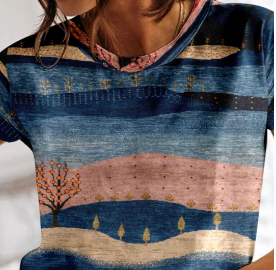 Camillia - Sommarrutig T-shirt för kvinnor O-ringa