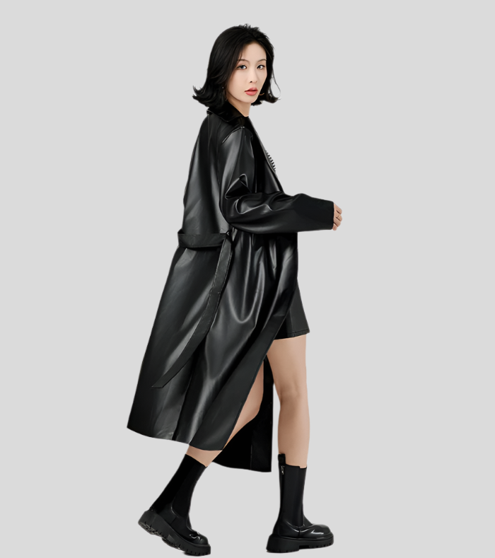 Lorenzo | Lång Trenchcoat I Svart Ekoläder