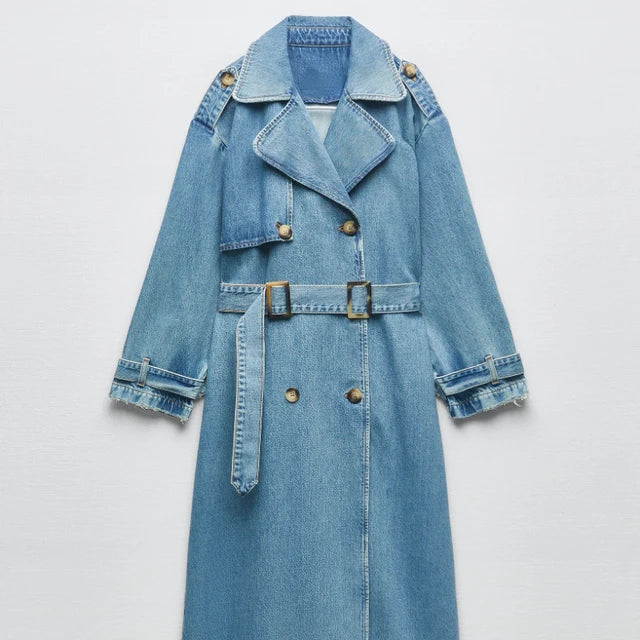 Celeste | Klassisk Lång Denim Trenchcoat med Bälte