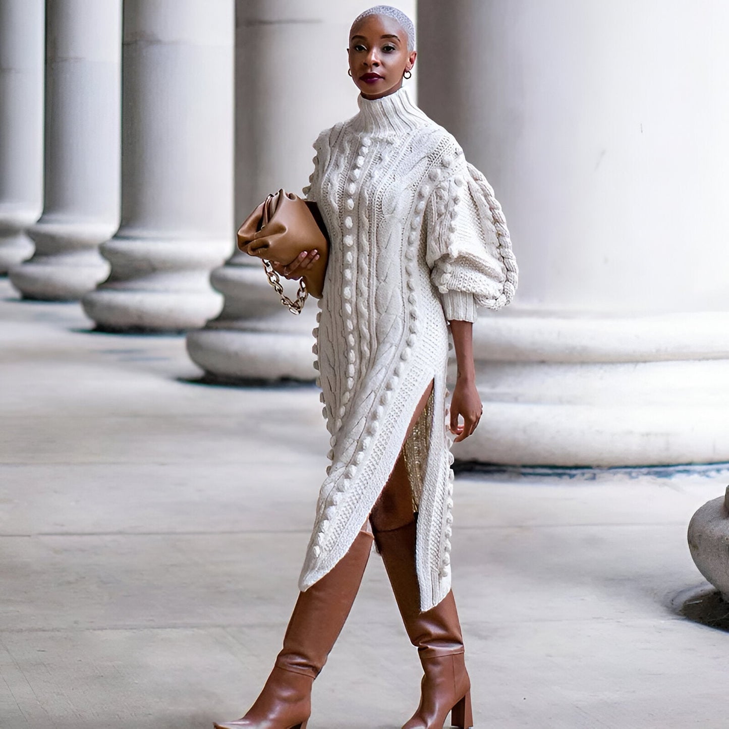 Elsbeth | Elegant ribbstickad midiklänning med polokrage