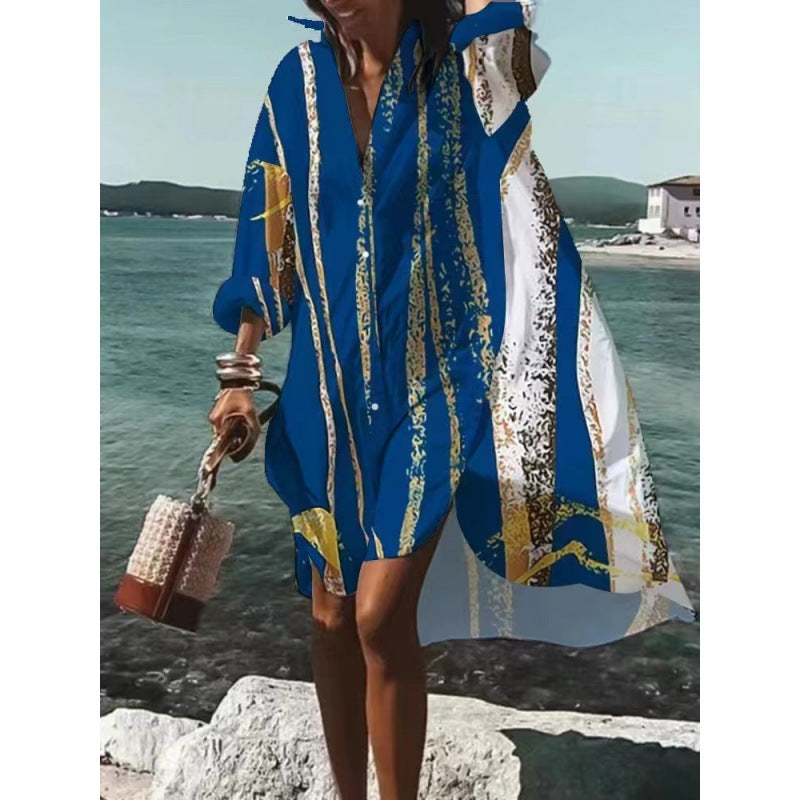 Mira | Långärmad Klänning med V-ringning och Abstrakt Mönster