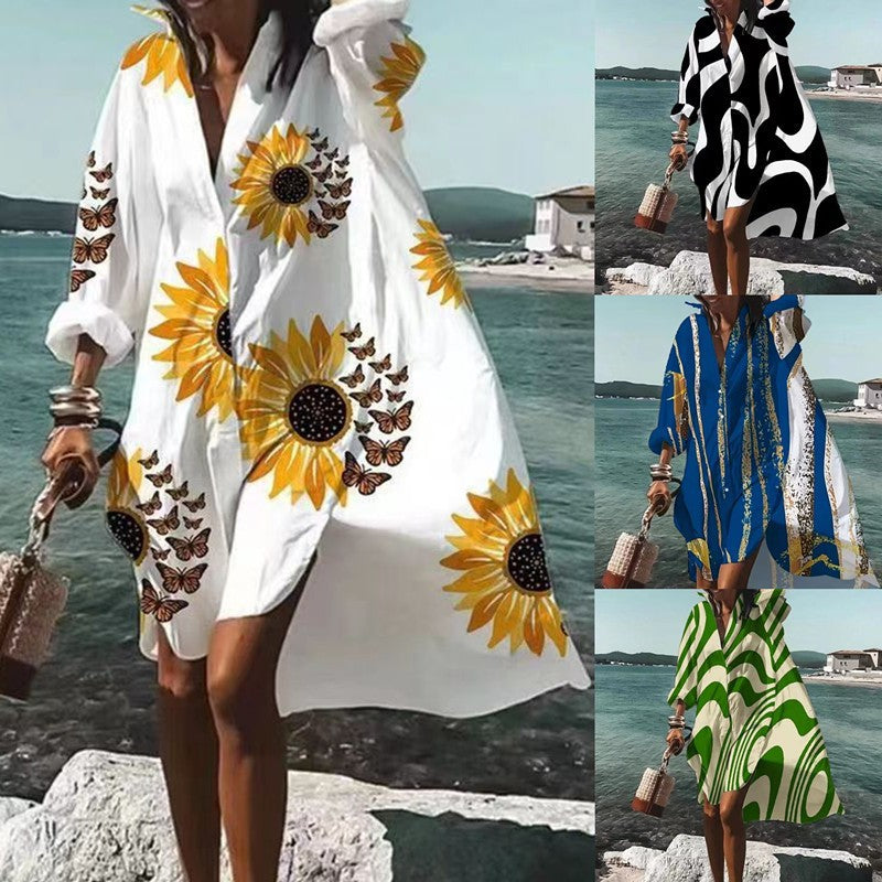 Mira | Långärmad Klänning med V-ringning och Abstrakt Mönster