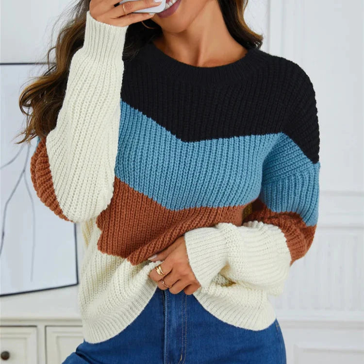 Linnea | Mysig Färgblockerad Stickad Tröja för Dam