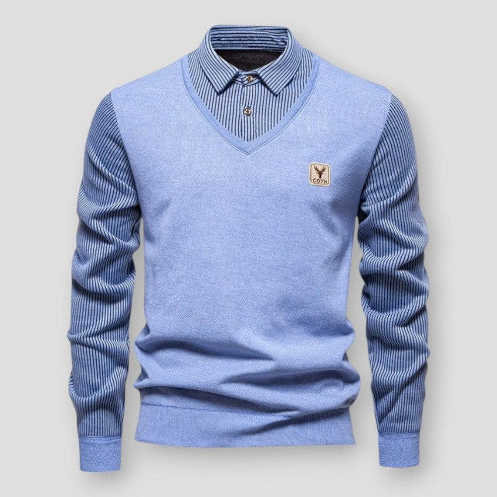 David | Elegant Tvåfärgad V-ringad Pullover för Herr