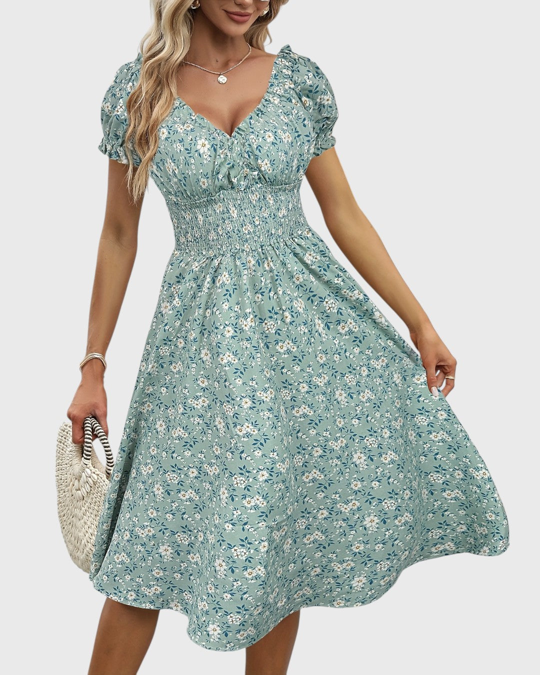 Bettina | Blommig midiklänning med puffärm och smickrande v-ringning