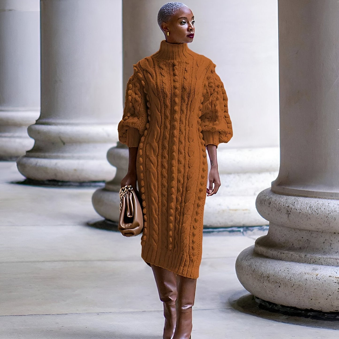 Elsbeth | Elegant ribbstickad midiklänning med polokrage