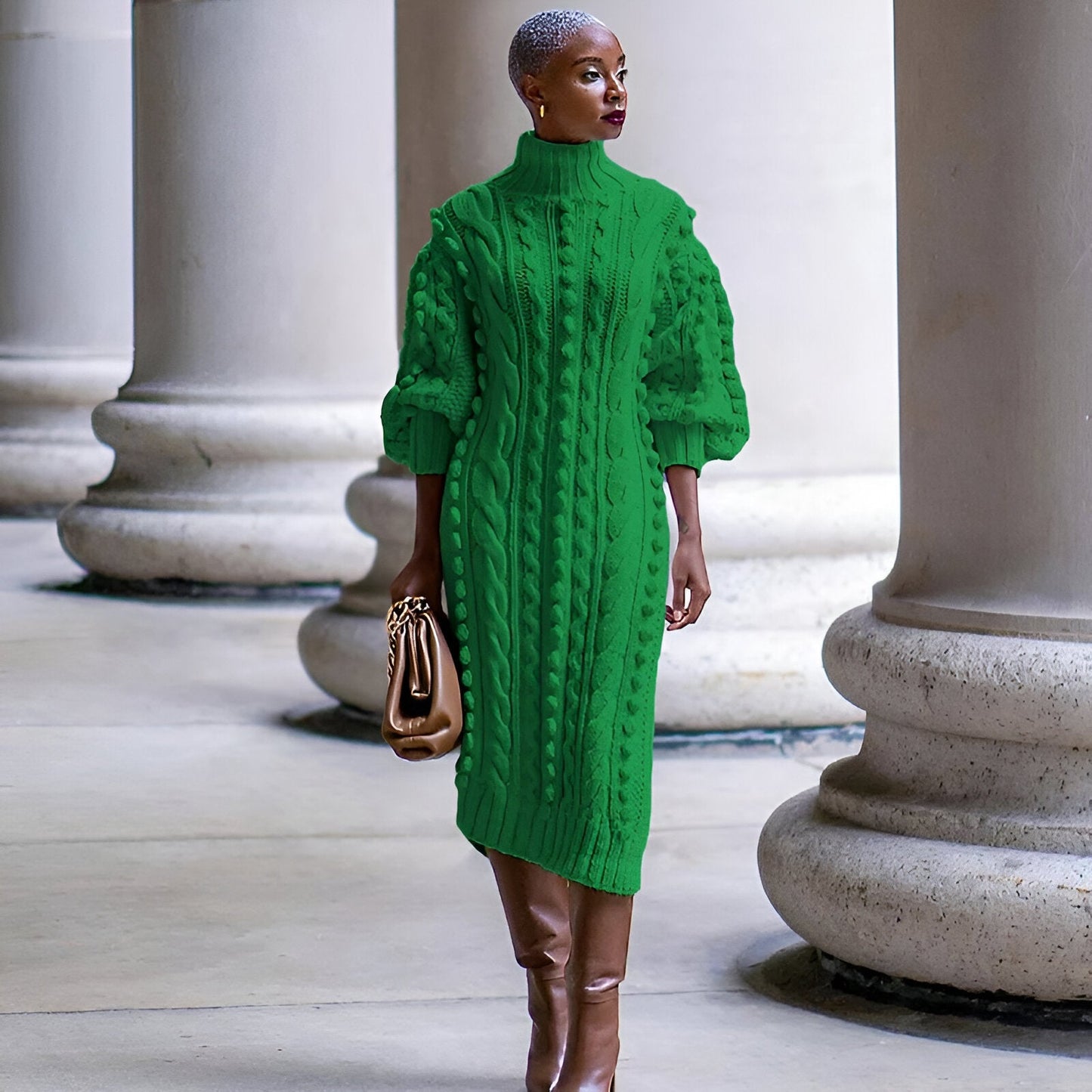 Elsbeth | Elegant ribbstickad midiklänning med polokrage