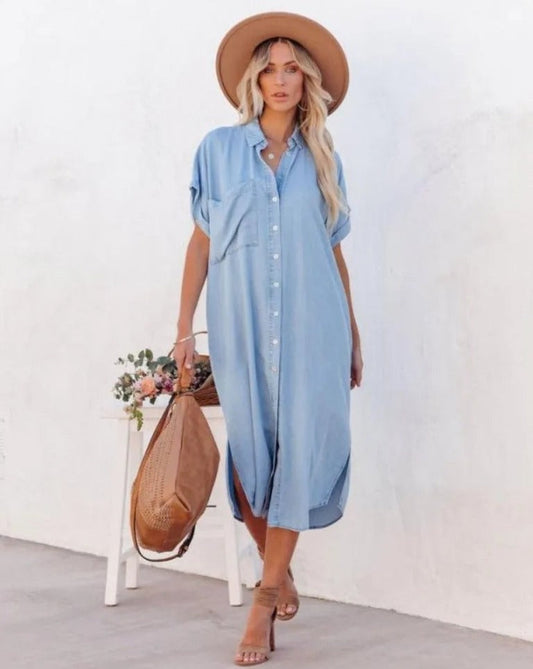 Pia - Kortärmad skjortklänning i denim