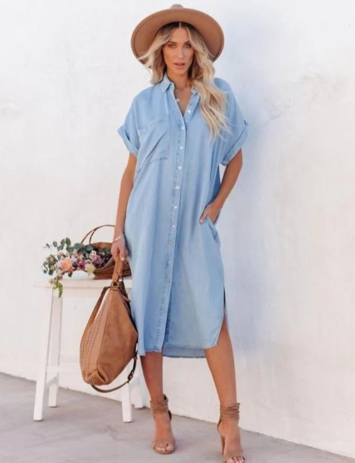 Pia - Kortärmad skjortklänning i denim