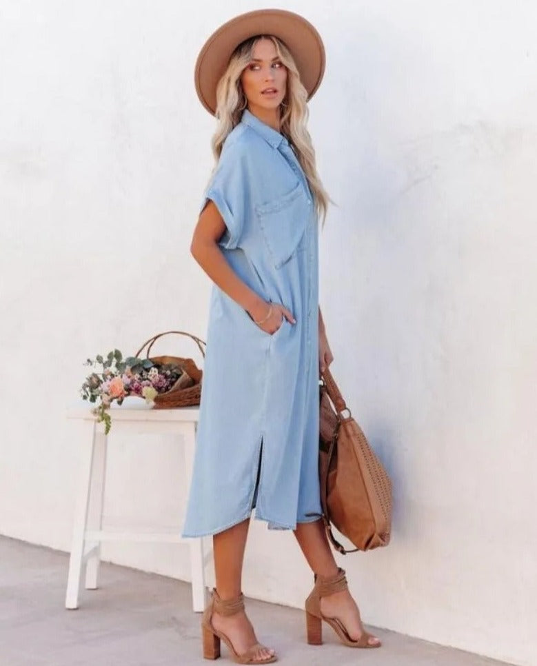 Pia - Kortärmad skjortklänning i denim