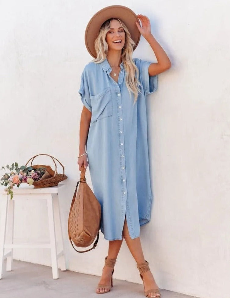Pia - Kortärmad skjortklänning i denim