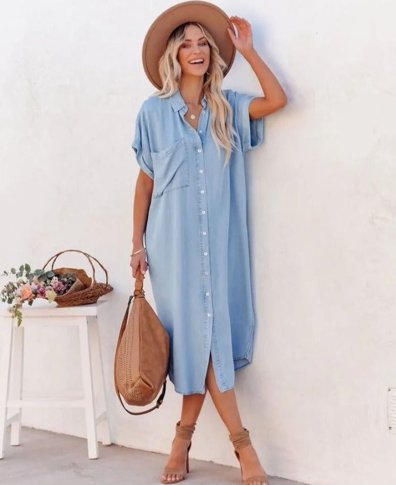 Pia - Kortärmad skjortklänning i denim